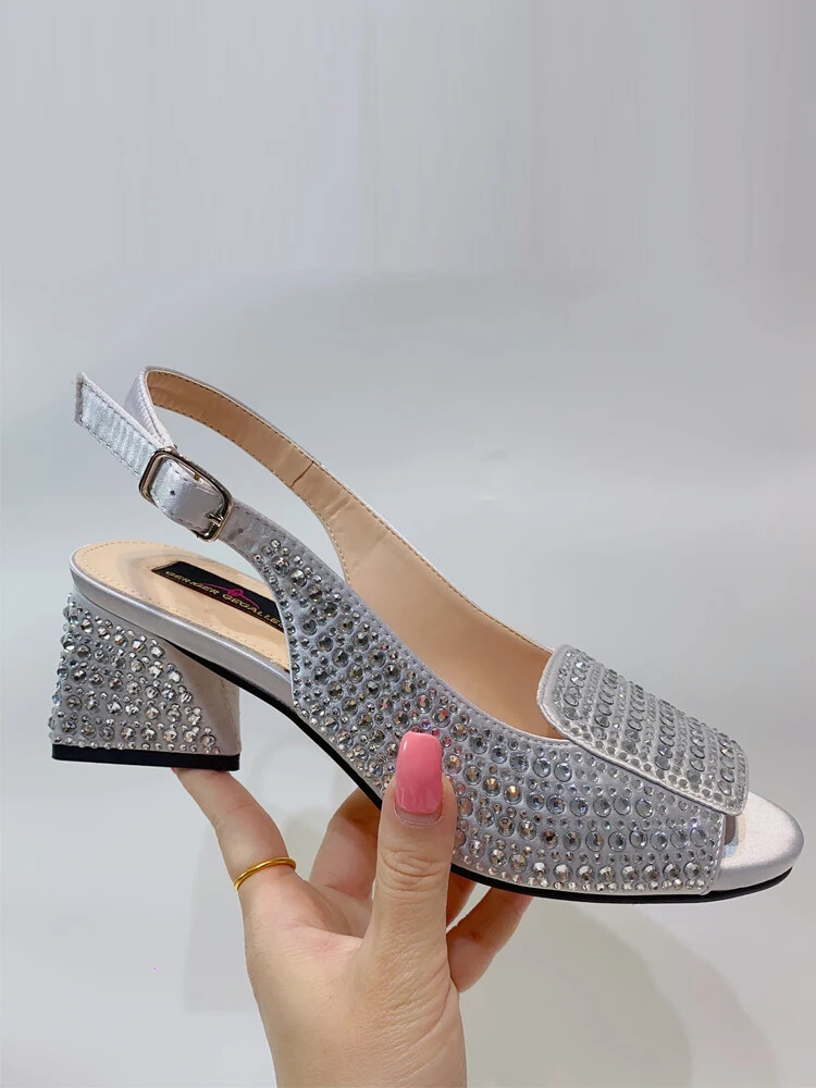 Women Rhinestones High Heels Sandals Chunky Heel Pumps Slingbacks Party ...