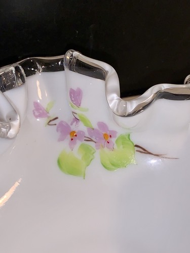 Fenton Silver Crest Pink Violet Floral Ruffled Art Glass Dish Signed Vintage - Picture 9 of 15