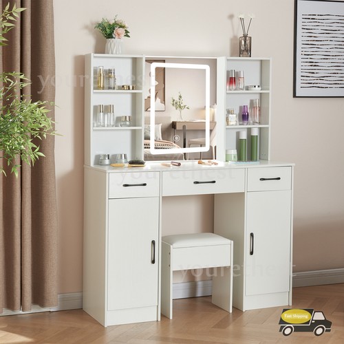 Large Dressing Table Stool Set With Smart LED Mirror Makeup Vanity Desk Dresser - Picture 4 of 13