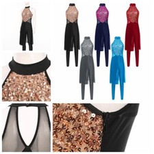 Women's Unitard Flowy Leotard Jazz Bodysuit Sequins Rompers Mesh Dress Elegant