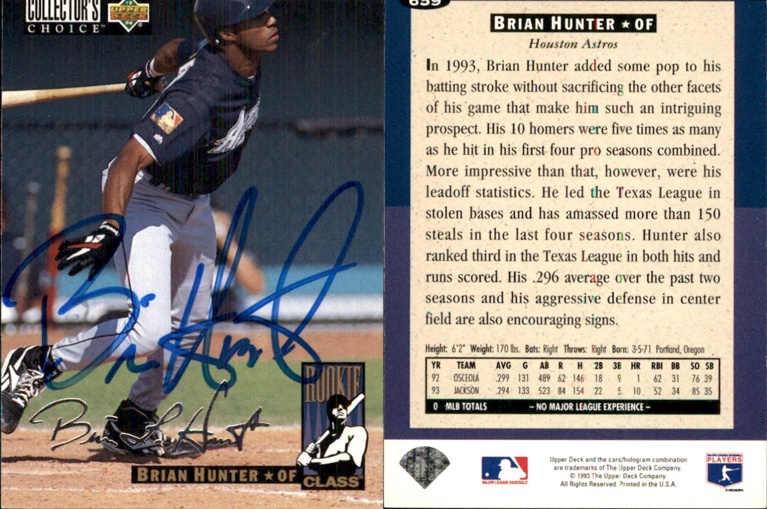 Brian Hunter Signed 1994 Collector's Choice #659 Card Astros Auto AU FREE SHIP