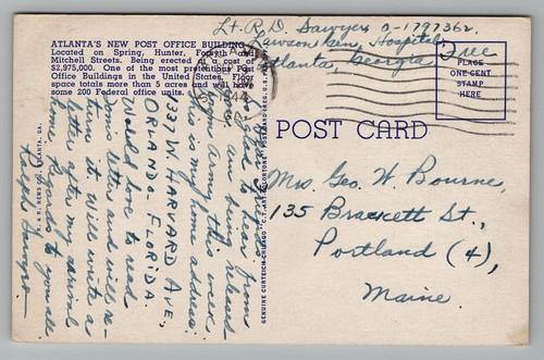 Carta de soldados de la oficina de correos de Atlanta GA del hospital teniente R.D. Sawyer 1944 Cancelar - Imagen 2 de 2