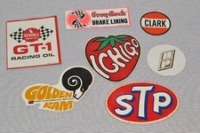 ORIGINAL 1960s VTG GAS & OIL RACING MOTOR STICKER LOT: STP, CLARK, KENDALL GT-1