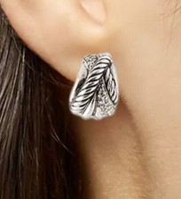 Ret. 1,300 - RARE-DAVID YURMAN CROSSOVER HUGGIE HOOP EARRINGS-DIAMONDS-DY POUCH