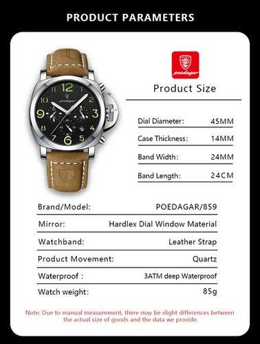 POEDAGAR Luxury Sports Men's Watch Quartz 3Bar Chronograph Luminous Date Leather - Picture 6 of 18