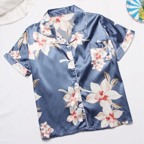 Women's Short Sleeve Silk Pajamas Set Print Satin Sleepwear Homewear Nightwear - Picture 21 of 251
