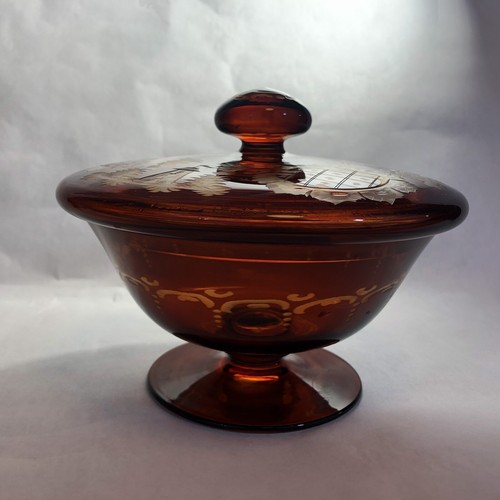 Vtg Egermann Czechoslovakia Amber Cut Clear Art Glass Lidded Dish Hunt Engraving - Picture 7 of 11