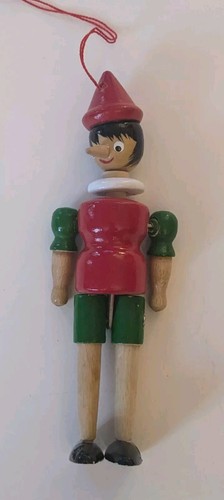 Vtg Pinocchio Christmas Ornament Wooden Jointed 7" Tall Made in Taiwan Paint - Picture 2 of 6