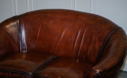 1920'S ART DECO RESTORED HAND DYED WHISKEY BROWN SUITE SOFA ARMCHAIRS FOOTSTOOLS - Picture 5 of 24