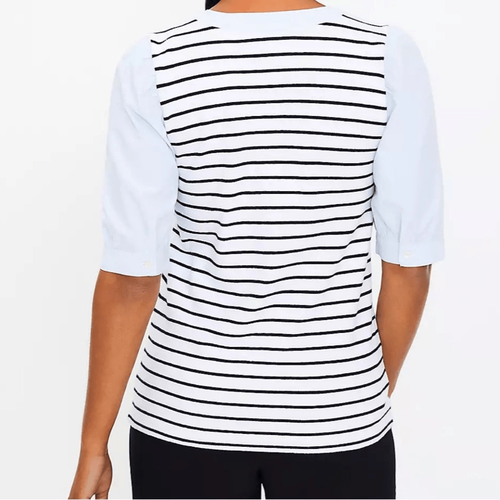 LOFT Size XXS Striped Henley Mixed Media V-Neck Puff Sleeve Nautical Knit Top - Bild 2 von 16