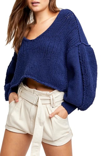 We The Free People Sea hell marineblau kurz geschnittener kastiger Pullover Oberteil neu mit Etikett L - Bild 1 von 5