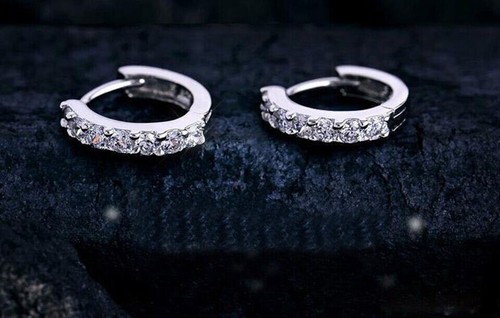 1Ct Round Created Diamond Small Huggie Hoop Earrings in 14K White Gold Plated - Picture 4 of 7