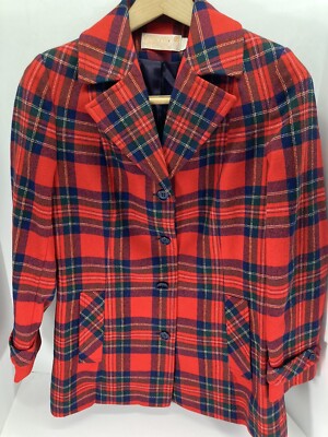 Pendleton Wool Jacket Women Size 12 Red Plaid 4 Button