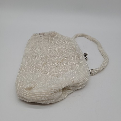 Retro Vintage Beaded Clutch Purse Made in Korea White OffWhite Floral w/ STAINS - Picture 6 of 23