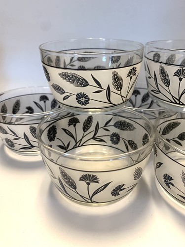 Vintage Libbey Glass MCM Silver Leaf Wheat Dessert Dish Bowls Set Of 7 - Picture 4 of 6