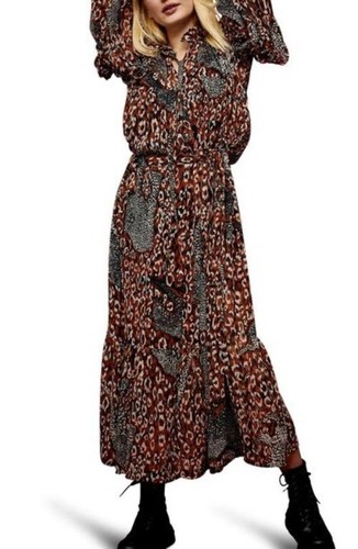 Topshop Women's Boho Animal Print Midi Dress Size 6 Long Sleeve Semi-Sheer - Bild 7 von 13