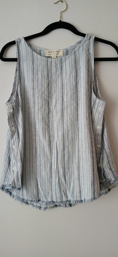Cloth and Stone Linen Blend Striped Button Sides Tank Top Fringe Bottom Womens L