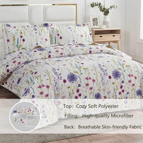 Vibrant King Size Floral Quilt Set - Purple, Green, Blue Lightweight Bedding - Picture 4 of 8