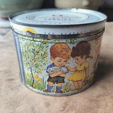 1962 Easter Candy Tin Kathryn Beich Union Made USA Egg Hunt Rabbit Bunny Spring