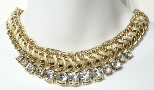 Ann Taylor LOFT Women's Gold Link Braided Round Crystal BIB Necklace NWT 49.50