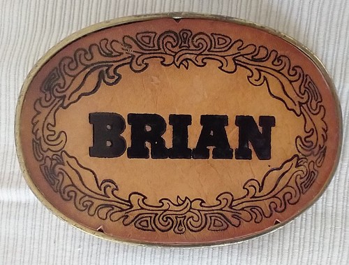 "BRIAN" GÜRTELSCHNALLE Messing mit Lederintarsien Vintage  - Bild 1 von 7