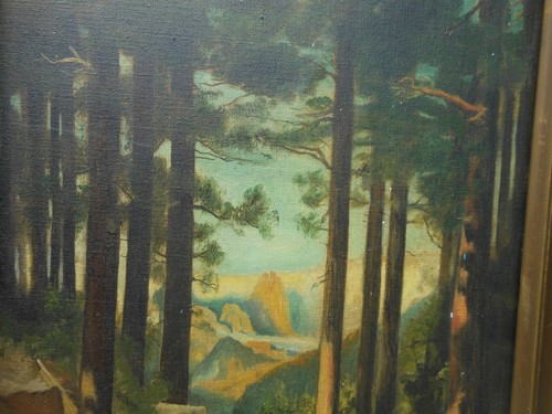Antique Oil Painting Yosemite Elk in Redwood Forest Mountains CA Half Dome 22.5" - Picture 7 of 12