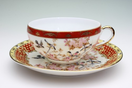Rot Vergoldet Sakura Kirschbaum Spatzen Porzellan Geisha Teetasse & Untertasse Japan Neu - Bild 46 von 55