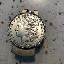 1921 MORGAN SILVER DOLLAR MONEY CLIP. INITIALS M.A.R. ON FRONT