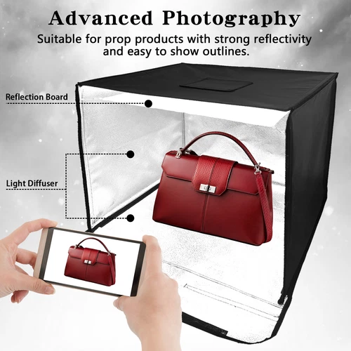 Foldable Lightbox 16" ×16", Dimmable LED Lights, Portable Photography Setup