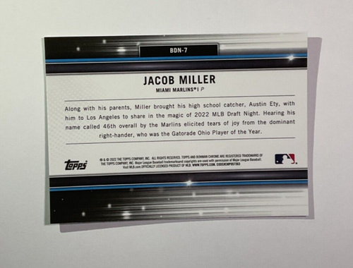 2022 Bowman Draft Chrome Jacob Miller Black & White RayWave Refractor - Picture 5 of 5
