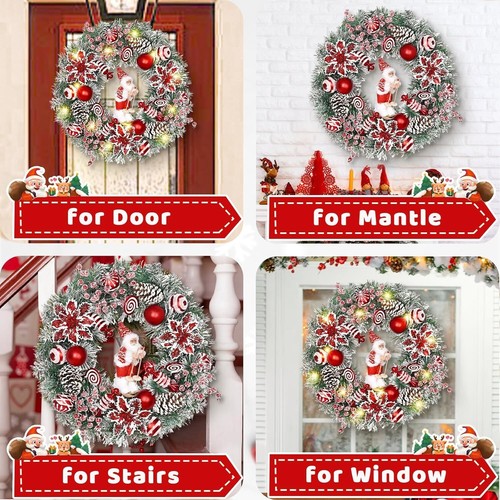 Christmas Wreaths for Front Door, 2 Pack 18" Santa Skiing Poinsettias w/ Lights - Picture 7 of 14