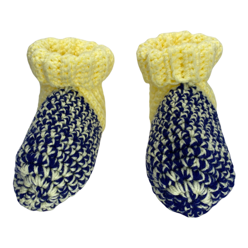 Handmade Slippers Sz 6 Blue & Yellow Unisex Crocheted Yarn by Marsha - Picture 2 of 6