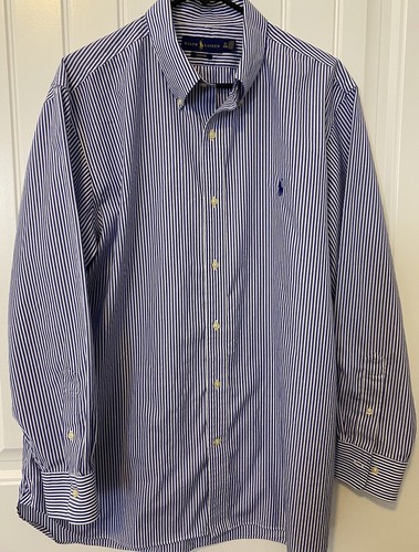 Camisa Ralph Lauren Para Hombres 17.5 Azul Blanco Rayas Logo Poni Abotonada Preppy Carrera