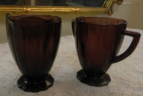 Vintage Hazel Atlas Purple Amethyst Art Deco Glass Cream Sugar Set - Picture 3 of 6