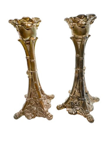 Vintage Pair of Brass Candlestick Holders Square Base with Feet 6.5" Tall