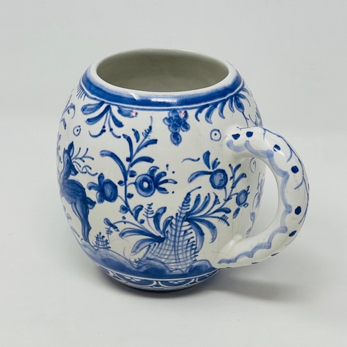 Hand Painted Mug Portugal Blue White Ceramic Birds Deer Flowers Barrel Shape Vtg - Bild 2 von 12