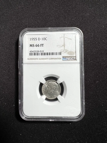 1955-D ROOSEVELT SILVER DIME GRADED NGC MS66 FT FULL TORCH
