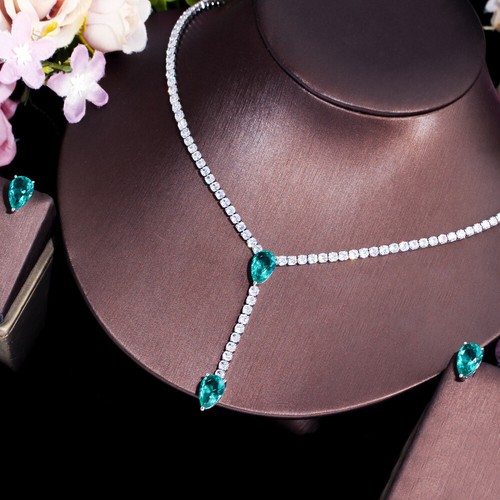 Versilberte CZ Grün Lang Quadratischer Tropfen Hochzeit Halskette Ohrringe Schmuck Set - Bild 6 von 9