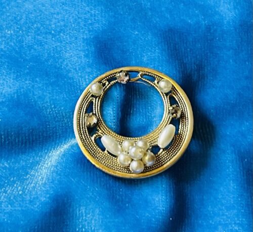 VINTAGE SAATPERLEN STRASS BROSCHE RUND ZART VERDRAHTET HANDARBEIT JUWELIER GOLDFARBEN - Bild 6 von 16