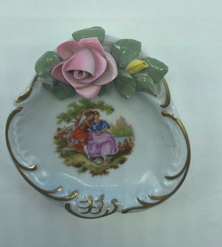 Dresden Germany ring trinket holder jewelry 1960 pink yellow rose couple sitting - Picture 3 of 6