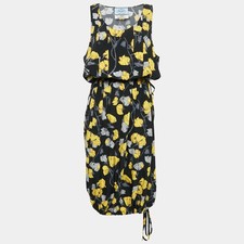 Prada Black Floral Print Silk Sleeveless Adjustable Waist Midi Dress M