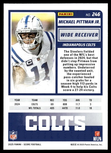 2025 NFL SCORE Panini Football Card Michael Pittman Jr Colts 246 - Picture 2 of 2