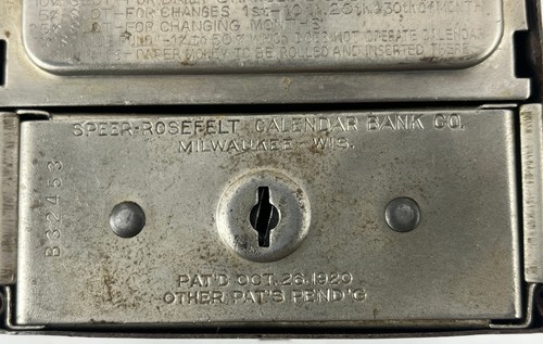Speer-Rosefelt Calendar Bank Co. Steel Coin Curency  with Key 1920 Patent - Picture 2 of 10