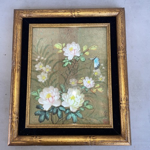 Asian framed painting flowers and butterfly 13 x 11 see b 122 - Picture 2 of 6