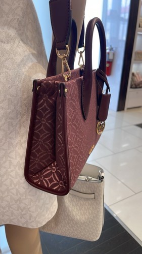 Michael Kors Mirella Small Shopper Metallic Logo Jacquard XBody Bag- OxBlood-NWT - Picture 12 of 20