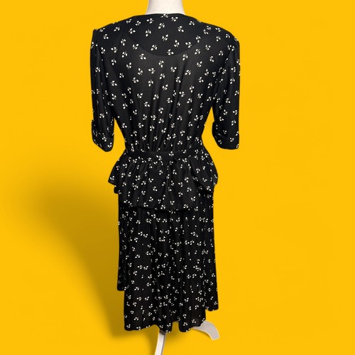 Vintage 80s Retro 40s Size Medium Black White Print Belted Peplum Dress Career - Picture 2 of 12
