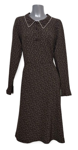 Vintage Agnès B Paris Brown Floral Midi Dress Long Sleeve Size 40 France Retro - Picture 11 of 11