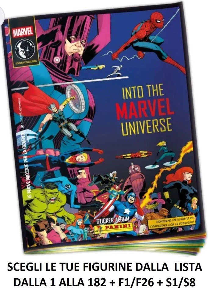FIGURINE PANINI 2025 INTO THE MARVEL UNIVERSE DALLA 1/182 + F1/F26 + S1/S8 LISTA