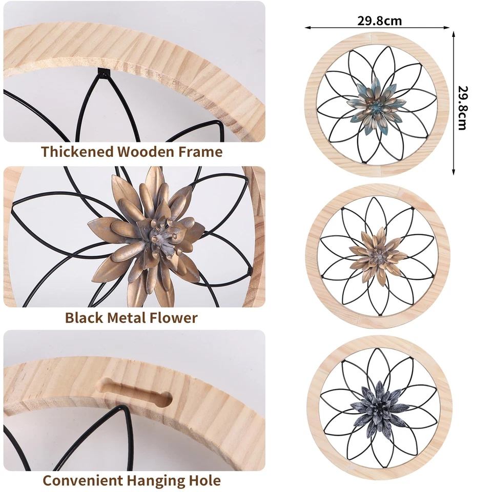 3pcs Ultra-thick Rustic Wall Decor, Wooden Frame Iron Flower Farmhouse Hangin... - Image 3 of 4