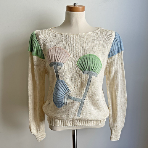 Vintage Cream Hand Knit Nannell Sweater Metallic Suede Fan Blue Pink Medium - Picture 1 of 10